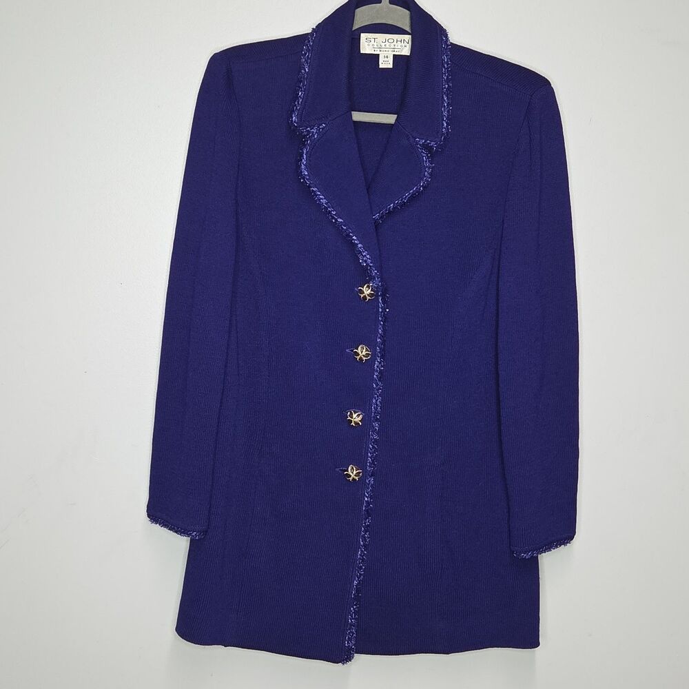 St John Collection Santana Knit Jacket 14 Royal Purple Eyelash Fringe Trim Coat